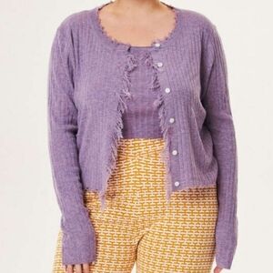 Cider WOOL-BLEND PURPLE HAZE FRAYED KNIT CARDIGAN & TANK TOP SET Size Large